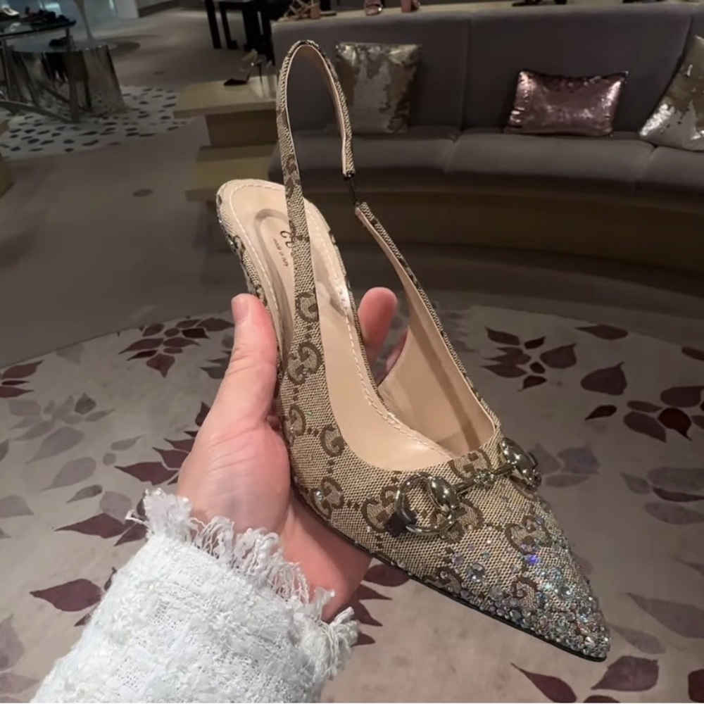 Gucci Cream and Gold Slingback Heels with Stiletto